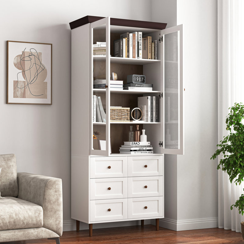 Grand garde-manger de cuisine - rangement autoportant blanc avec tablettes réglables et armoire vitrée