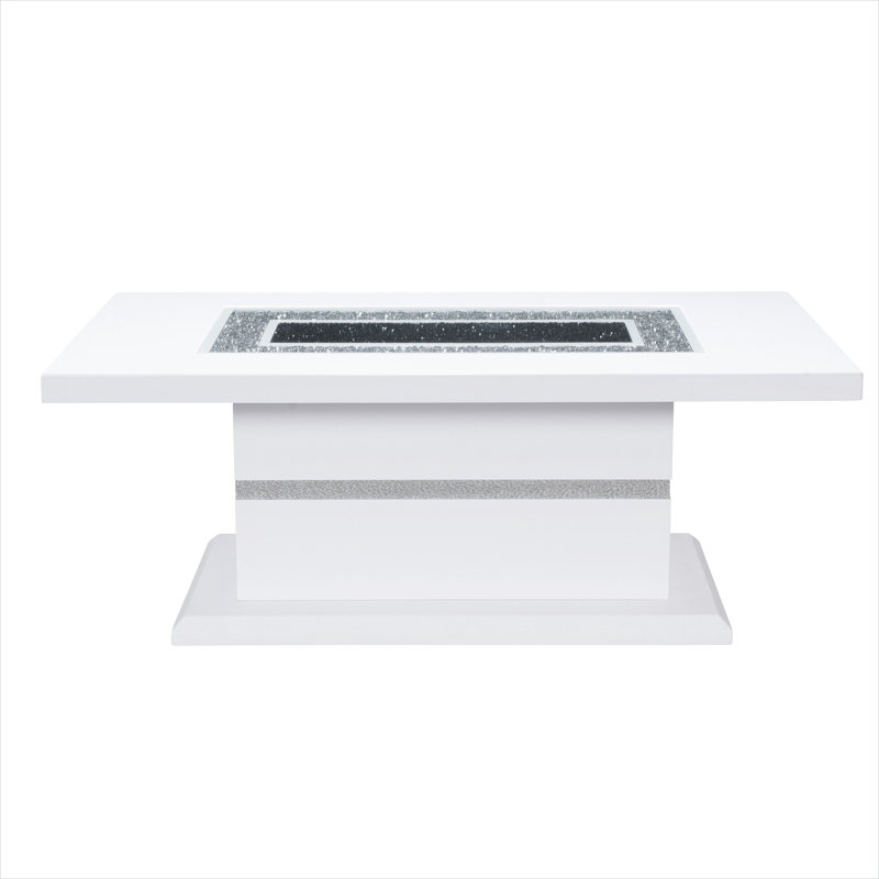 Table basse 52 pouces rectangulaire avec incrustation de verre transparent et finition blanche ultrabrillante, style contemporain
