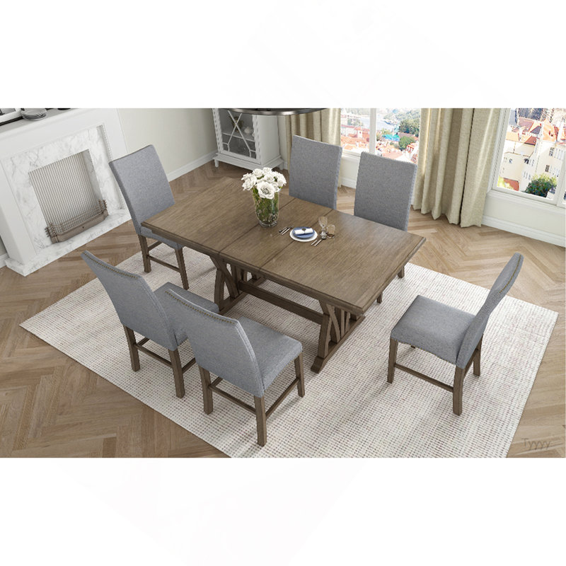 Ensemble de table de salle à manger extensible en bois massif de style Mid-Century de 7 pièces avec chaises rembourrées et rallonge pour 6 personnes de 12 po TopMAX, brun doré et coussin gris