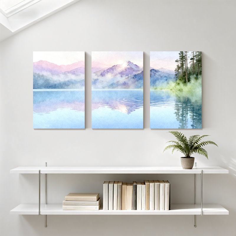 Hiver, forêt, montagne, lac, réflexion, aquarelle, ensemble de 3 reproductions d'art sur toile, H 24 po x l 48 po