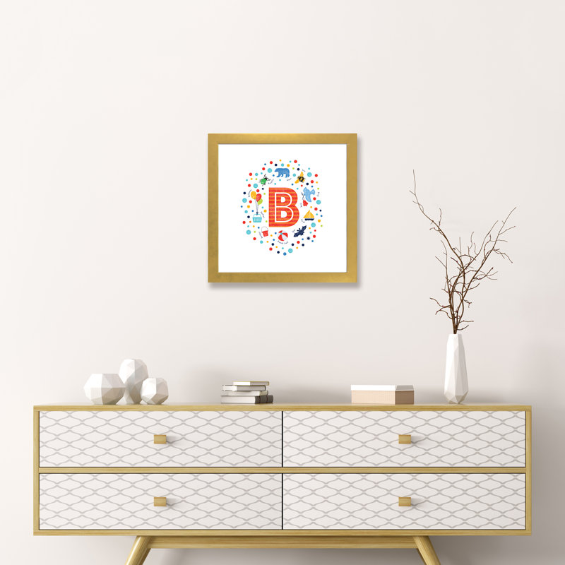 " B ", White, 16" H x 16" W x 1" D, Gold Framed Paper