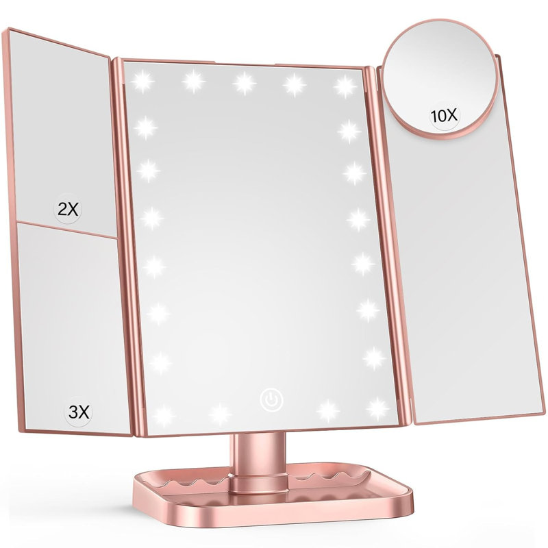 Miroir de maquillage à trois volets lumineux Rose Gold