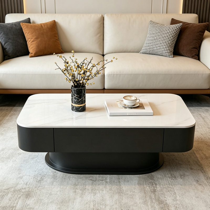 Élégante table basse avec tiroir Rock Slab, Blanc/Noir, 12.99" H x 39.37" L x 19.68" W