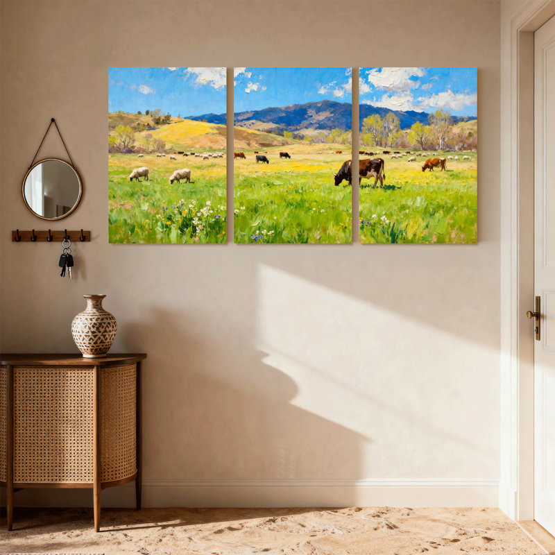 Ensemble de 3 impressions sur toile, paysage pastoral avec vaches et moutons, H 18 po x l 36 po