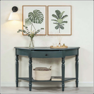 Console Farmhouse en demi-lune avec tiroir et tablette, conception peu encombrante pour les entrées et les couloirs étroits