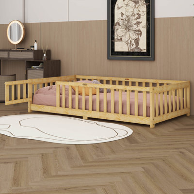 Lit de plancher pour enfants, filles, garçons, lit de plancher en bois d'hévéa avec lattes et porte