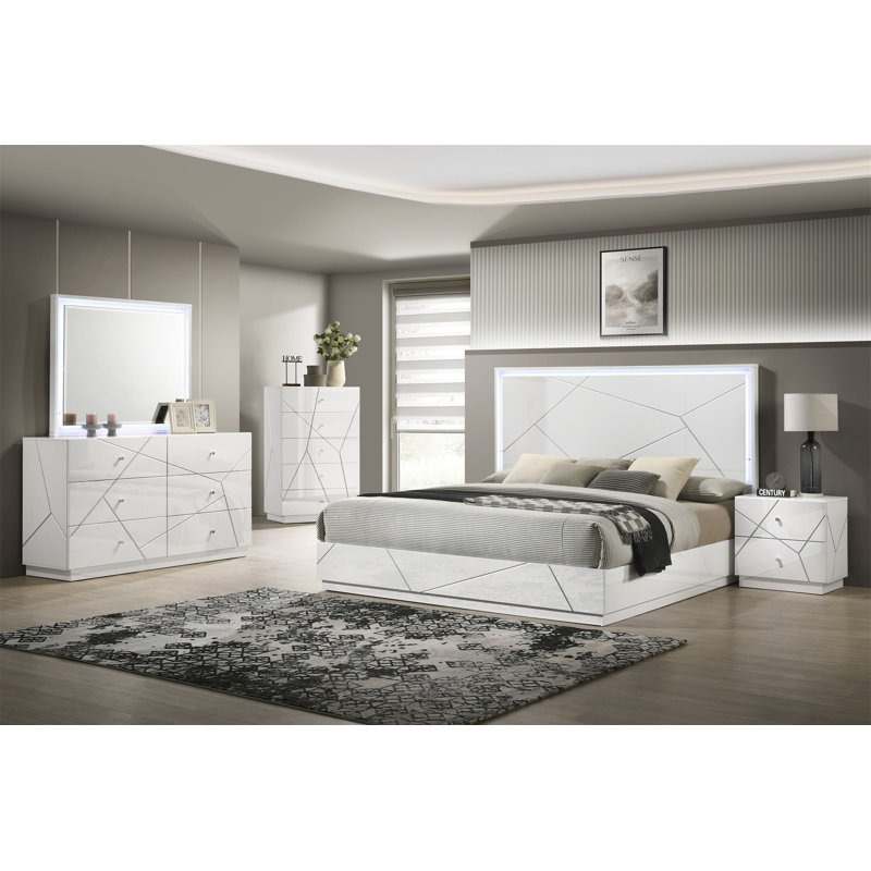 Table de chevet Manhattan - Finition laquée avec motif géométrique et tiroirs doublés de velours pour les chambres à coucher modernes (comprend seulement la table de chevet)