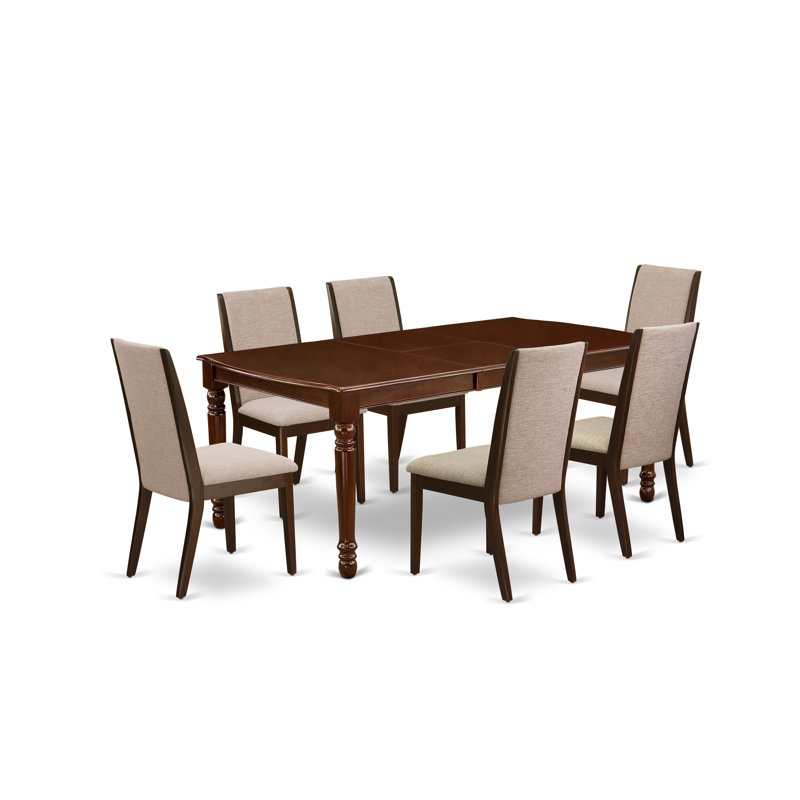 7 Piece Dining Table Set Consist of a Rectangle Dining Room Table with Butterfly Leaf and 6 Light Tan Linen Fabric Parsons Chairs, Mahogany