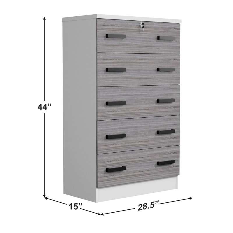 Basurto 5 Drawer Chest Wooden Dresser with Lock, White/Gray