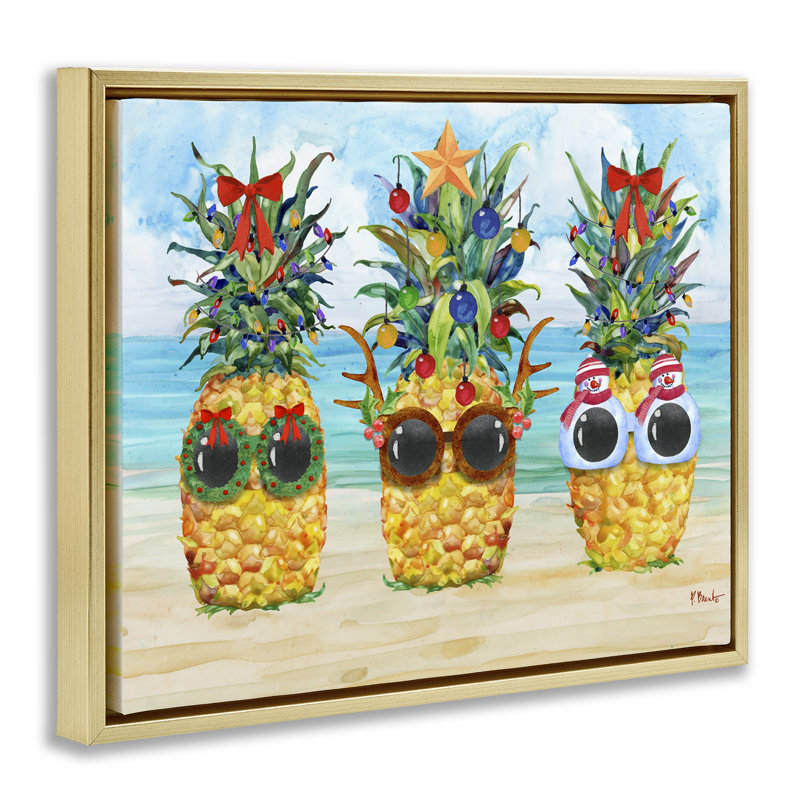 «Christmas Cool Pineapples», art mural encadré flottant doré par Paul Brent, Cadre flottant métallique doré
