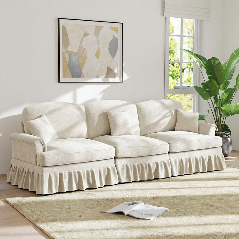 Canapé 3 places 107,1 po Mid-Century en chenille avec jupe à volants, Beige