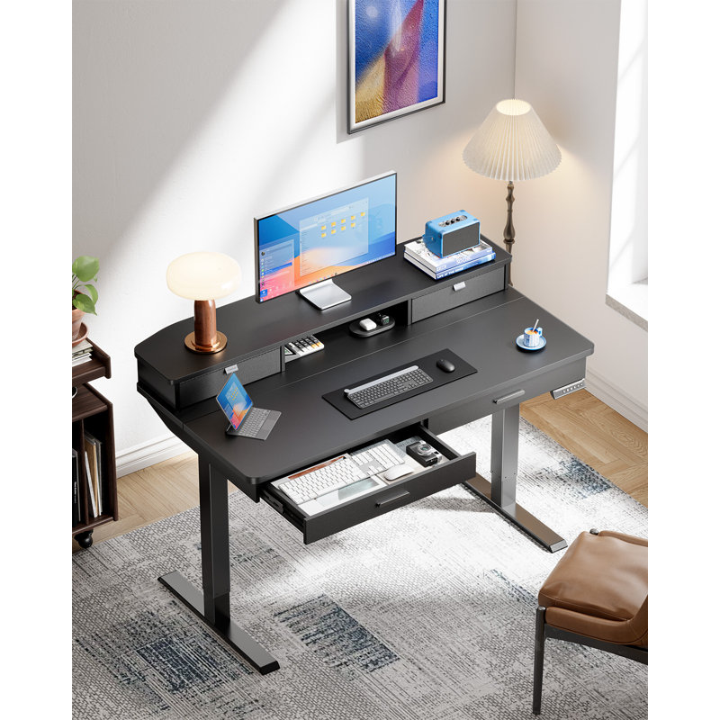 Height Adjustable Electric Standing Desk With Storage Shelf And Pull-Out Drawer, Modern Ergonomic Computer Workstation