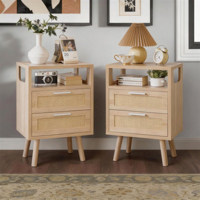 Ensemble de 2 tables de chevet avec rangement à 2 tiroirs et table de bout avec poignée en métal doré 15,4 po