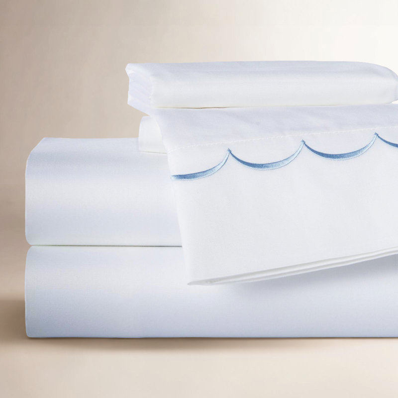 Ensemble de draps 100% coton 600 fils Camillo Scallop, Ensemble de draps pour lit double + un drap-housse, Bleu