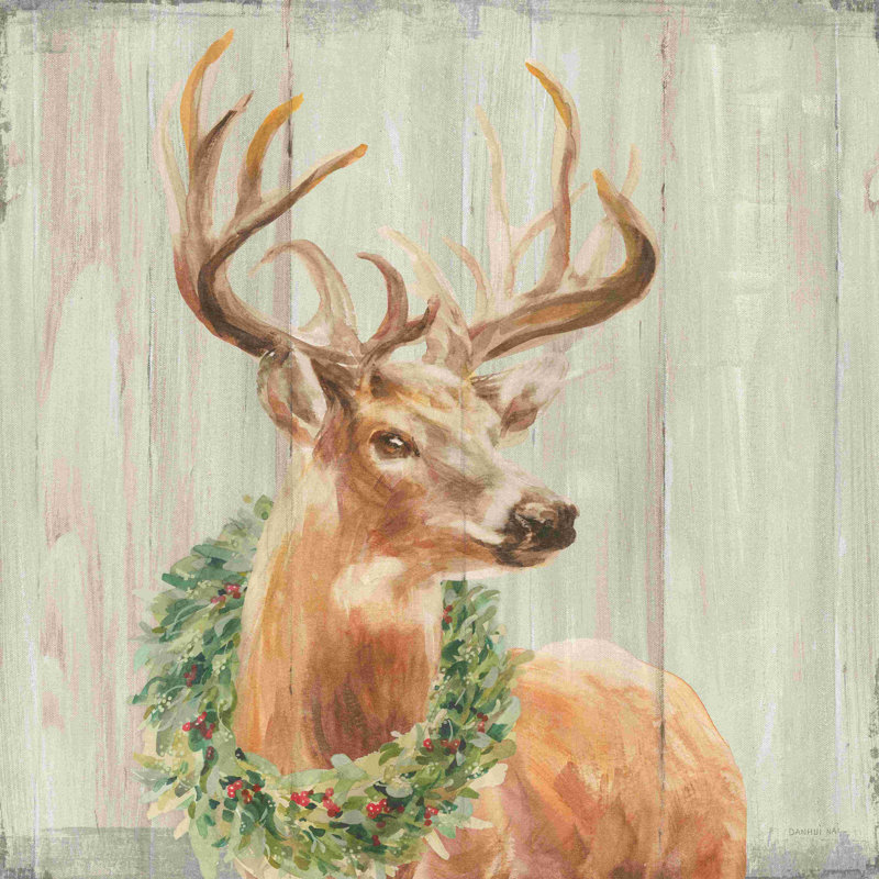 Woodland Holiday Stag with Wreath - Impression sur toile tendue, H 12 po x l 12 po