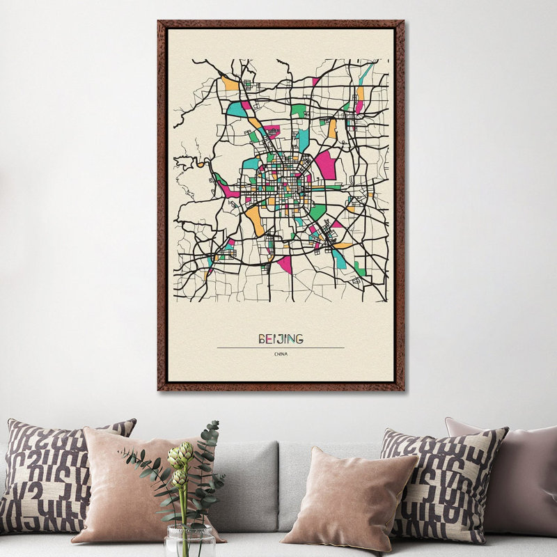 Beijing, China Map by Ayse Deniz Akerman - Print on Canvas, 152.5 cm H x 101.5 cm W, Brown Floater Frame