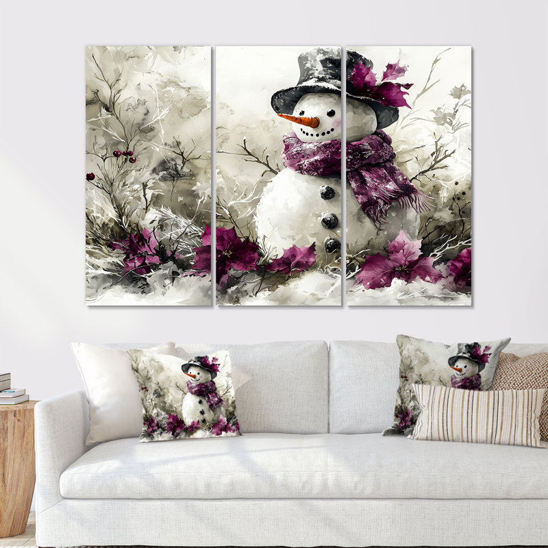 «White Winter Wonder Accents With Purple - Christmas Snowman», ensemble d'art mural, Toile tendue, H 28 po x l 36 po x P 1 po