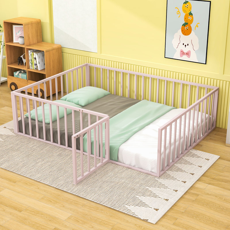 Metal Floor Bed Frame With Enclosed Fence And Swing Door, Queen, Pink