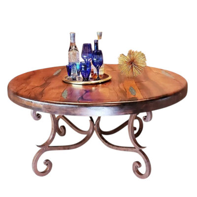 Round Mesquite Coffee Table With Turquoise Inlay – Solid Mesquite Wood & Iron Base – Southwestern Rustic Living Room Centerpiece