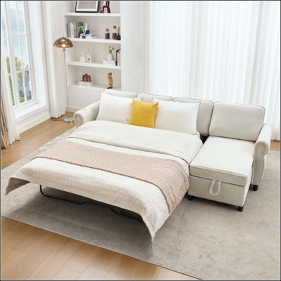  Canapé-lit modulaire convertible en forme de L de 106,5 po, canapé-lit Flannelette en polyester 4 places avec méridienne de rangement interchangeable, accoudoir de chargement USB et sans fil, canapé en éponge haute densité à structure en bois massif pour le salon