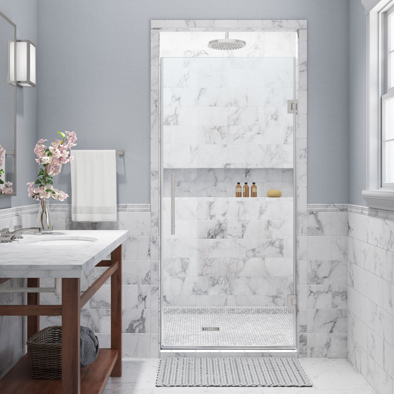 Porte de douche à charnière sans cadre Kinkade l 29,75 po - l 30,25 po x H 72 po, Acier inoxydable