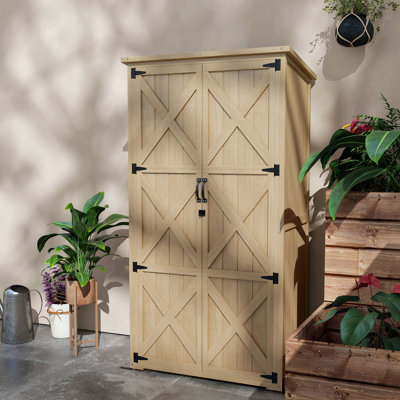 Outdoor Wooden Shed With Lockable Function, Waterproof Asphalt Roof And Shelves - Natural Wood Cabinet For Gardening Tools Pool Accessories Lock Roof, Supplies