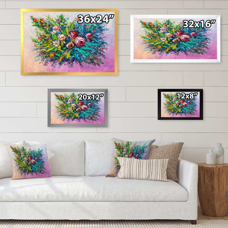 Peinture multicolore de marguerites - œuvre d'art traditionnelle sur toile, Cadre noir, H 16 po x l 32 po x P 1 po
