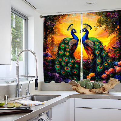 2Pcs Majestic Peacocks in a Vibrant Garden, Artistic Print Curtains, Sun-Kissed Ambiance, Privacy Control, Grommet Top for Living Room Bedroom Balcony Kitchen Decor
