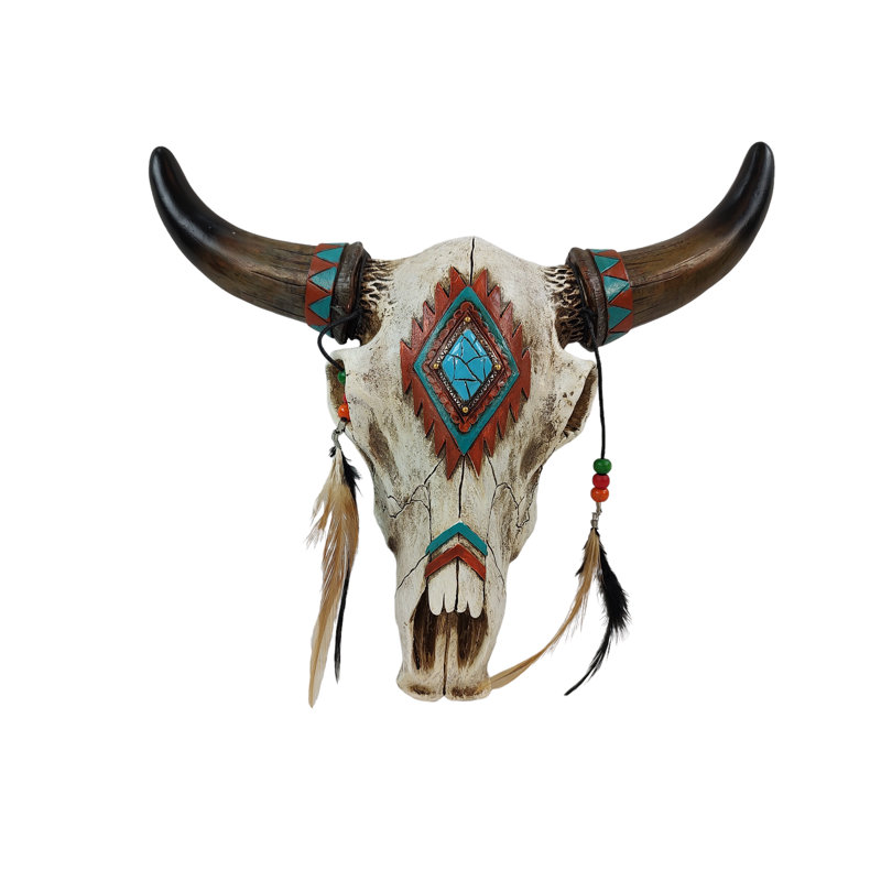 Southwest Tribal Bull Cow Skull with Feathers, Beads & Faux Turquoise Stone Hanging Wall Décor