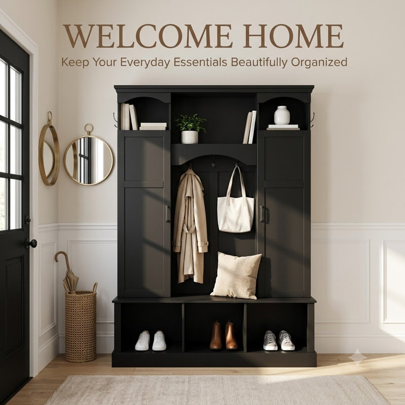55" Farmhouse Hall Tree with Storage Bench, Coat Rack and Shoe Storage, Entryway Organizer with Adjustable Shelves, 2 Side Cabinets and Open Cubbies