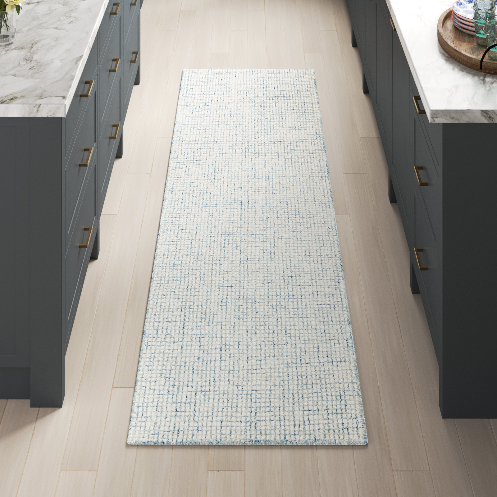 Rowe Ivory Blue Hand-Tufted Striped Rug, Runner 2'3" x 8'