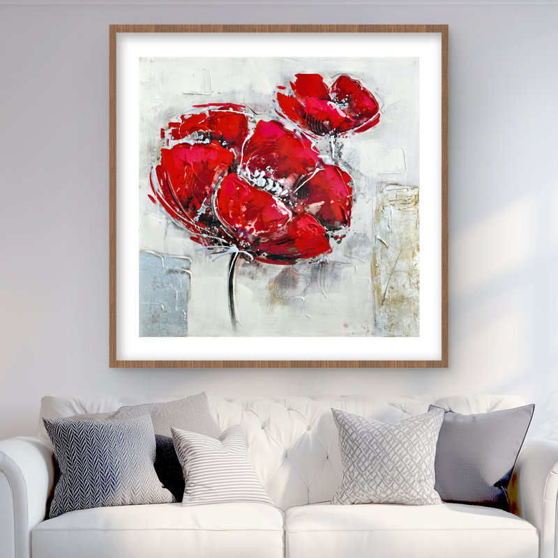 Impression abstraite de fleurs rouges - décor encadré botanique blanc