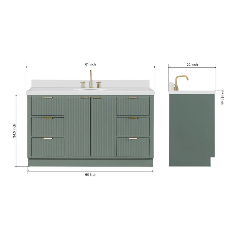 Meuble-lavabo simple en bois massif avec plateau en quartz 1,5 po Haun, Ovale, 61", Vert rétro