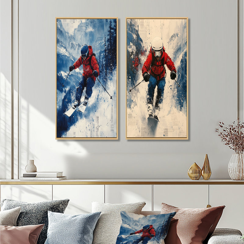 «Red Ski Big Air Accents With Blue I» - ensemble d'art mural 2 pièces, H 40 po x l 40 po, Cadre flottant érable