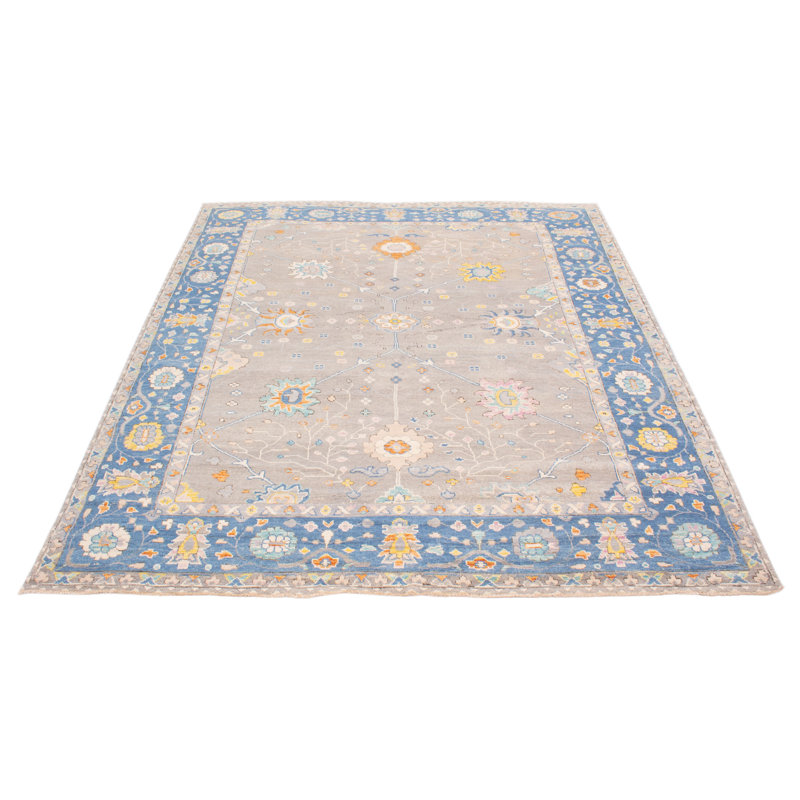 Tapis unique en laine noué à la main 9 pi 3 po x 12 pi 4 po New Age de Adne - bleu / jaune / orange