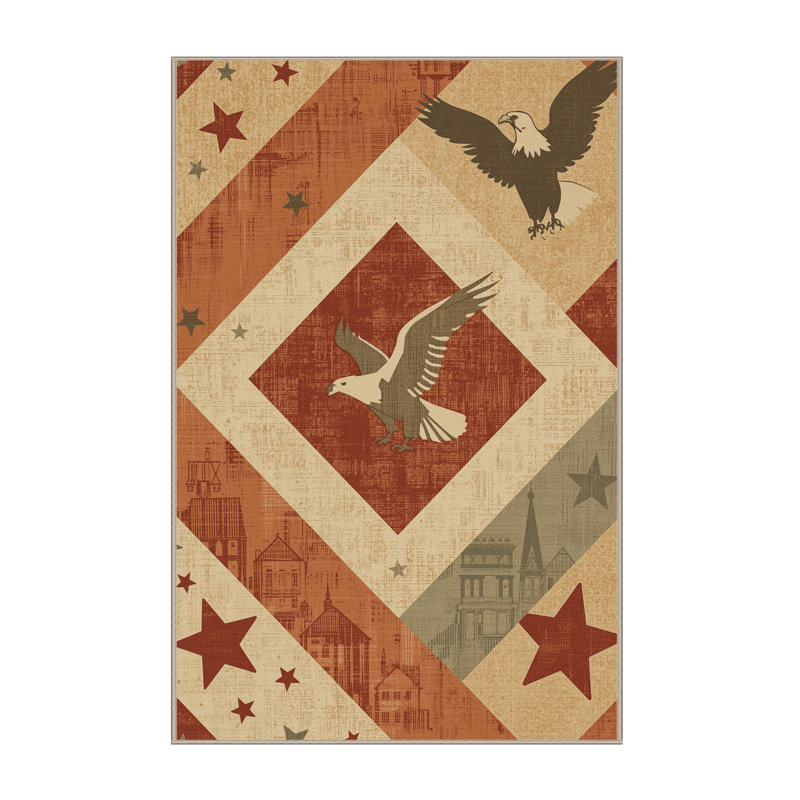 Tapis beige lavable à la machine à motif rétro style chalet Americana Osiyo, 4 x 6