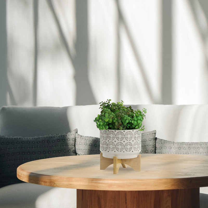 St. Charles Ceramic Planter with Wooden Stand - Modern Decorative Pot for Indoor Plants, White, Swirl