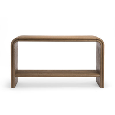 Clara 55" Solid Wood Console Table Mid-Century Modern Weathered Oak with C-Shaped Base Rounded Edges and Lower Storage Shelf
