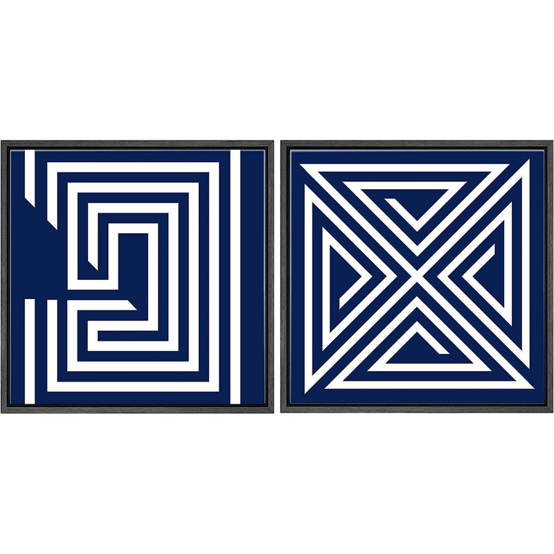 Reproduction de labyrinthe géométrique bleu et orange sur toile, 2 pièces, Noir, H 16 po x l 32 po x P 1,5 po