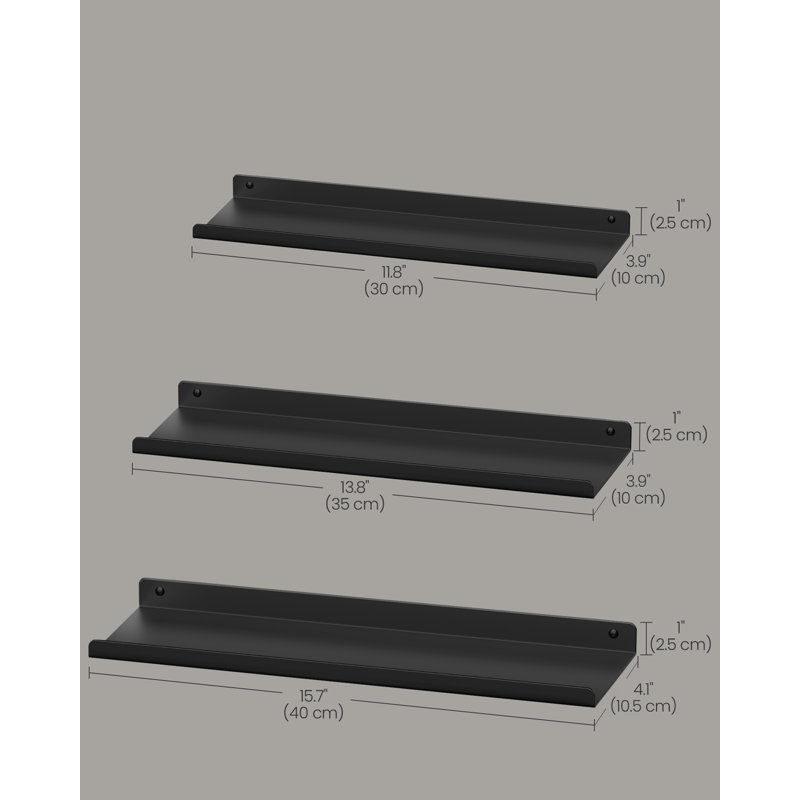 3 Piece Metal Floating Shelf, Black