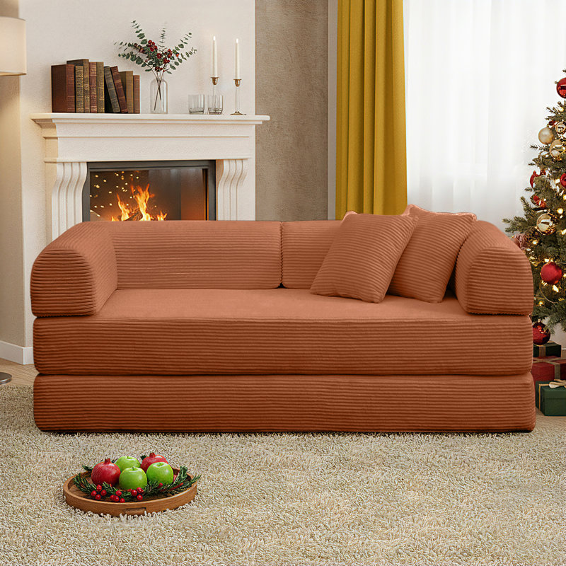 Canapé-lit de 63 po en velours côtelé désossé, canapé futon modulaire, canapé en mousse à compression avec 2 coussins, aucun assemblage requis