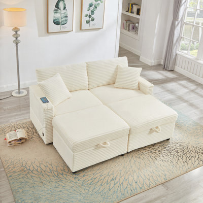 Comfortable Fluffy Corduroy Lazy Sofa, Storage Space For Big Loveseat, Super Soft Chaise Lounge With Double Ottomans And Table Board