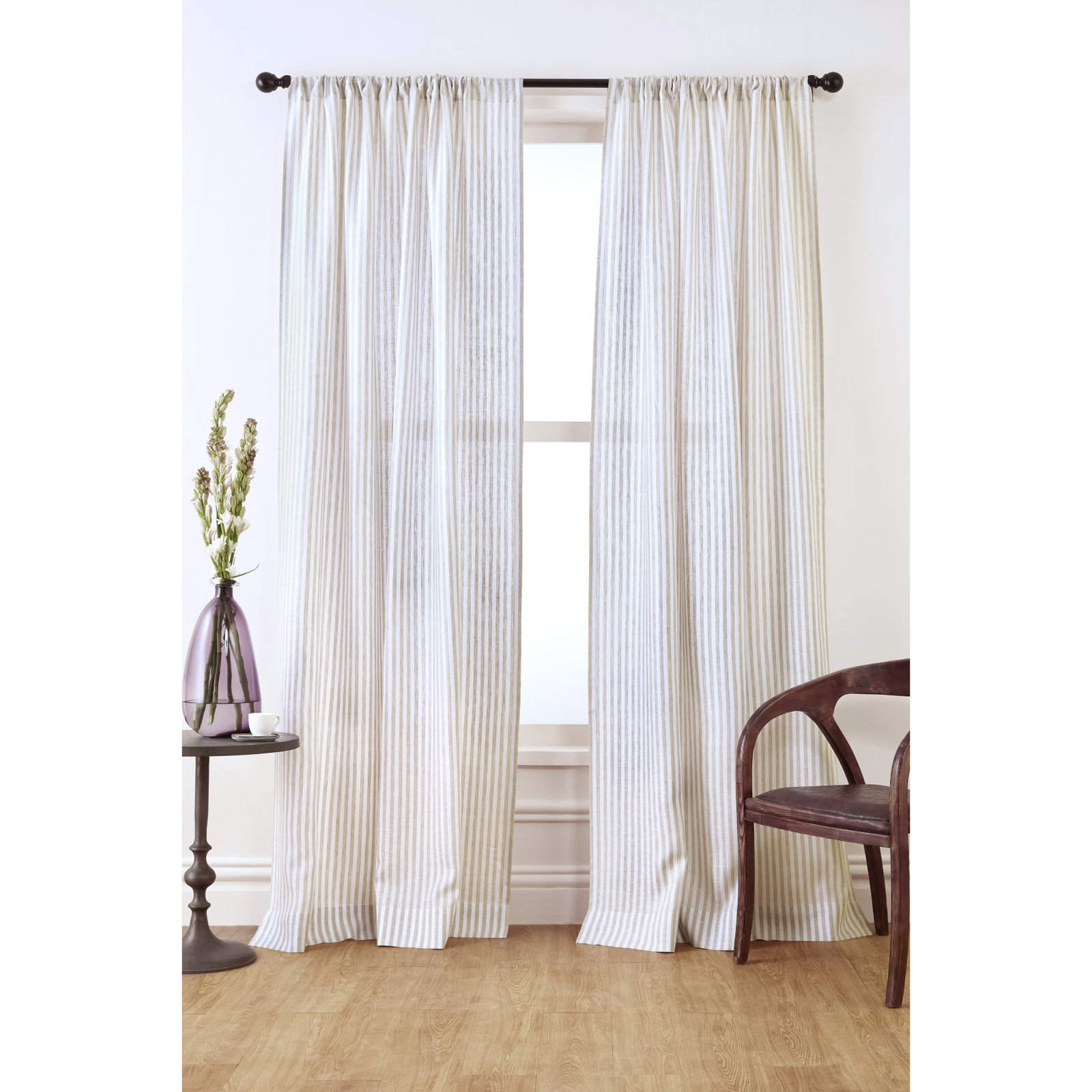  Stripe - 100% Pure Linen Curtain, Natural and White, 52" W x 84" L