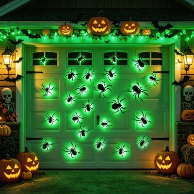 Lot de 36 décorations murales d'Halloween : araignées lumineuses vertes | Autocollants d'araignée 3D, autocollants muraux repositionnables, tailles assorties, PVC, décorations de fenêtre, pour l'intérieur et l'extérieur (salle de bain, maison, fête).
