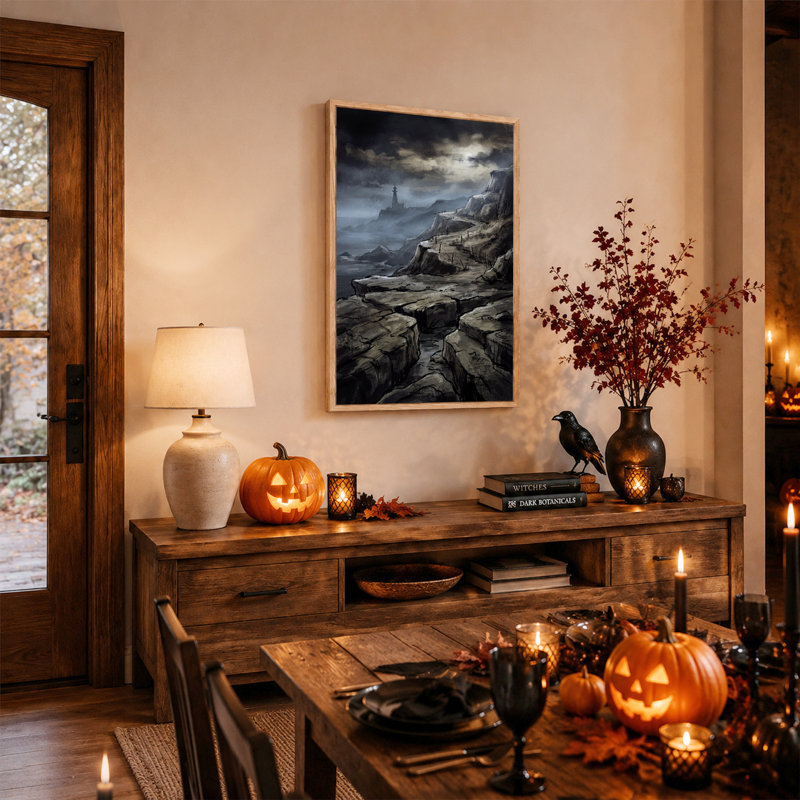 Art sur toile, "Phare noir sur chemin de falaise rocheuse sous Halloween", 48"H x 32"W