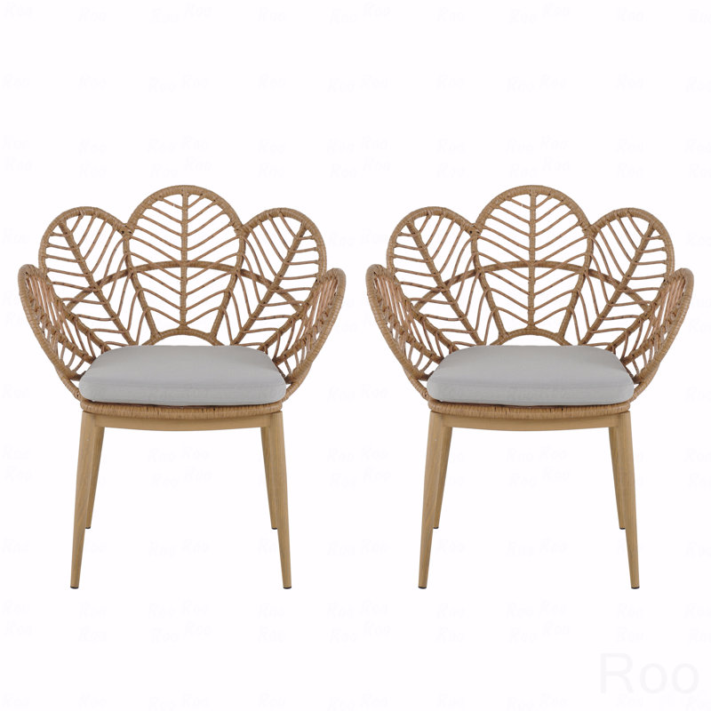 Set Of 2 Outdoor Patio Chair, PE Wicker Peacock Shape Papasan Style Teak Finished Leg, Light Brown Faux Rattan And Beige Cushion