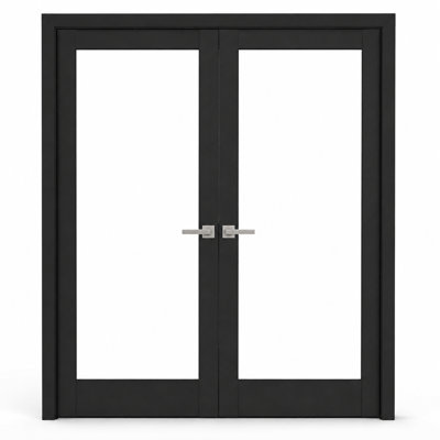 Solid French Double Doors Clear Glass Lucia 2166 Matte Black Wood Solid Panel Frame Trims Closet Bedroom Sturdy Doors 64" x 96" (2* 32x96) Clear Glass