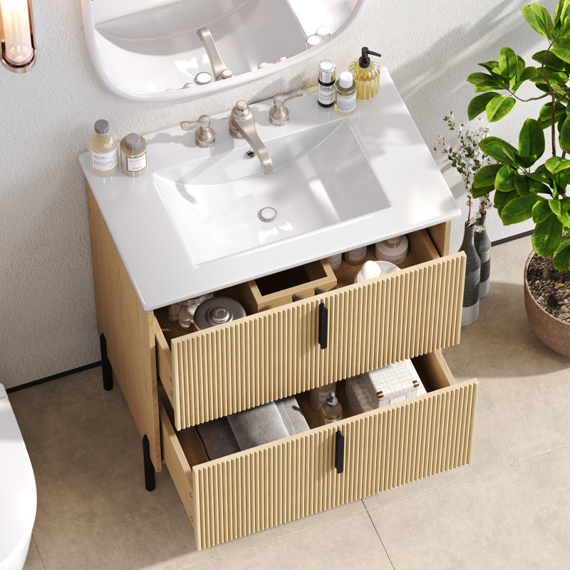 Meuble-lavabo de 30 po avec lavabo en céramique et tiroirs pleine extension, glissières de tiroir à fermeture en douceur, conception cannelée, naturel