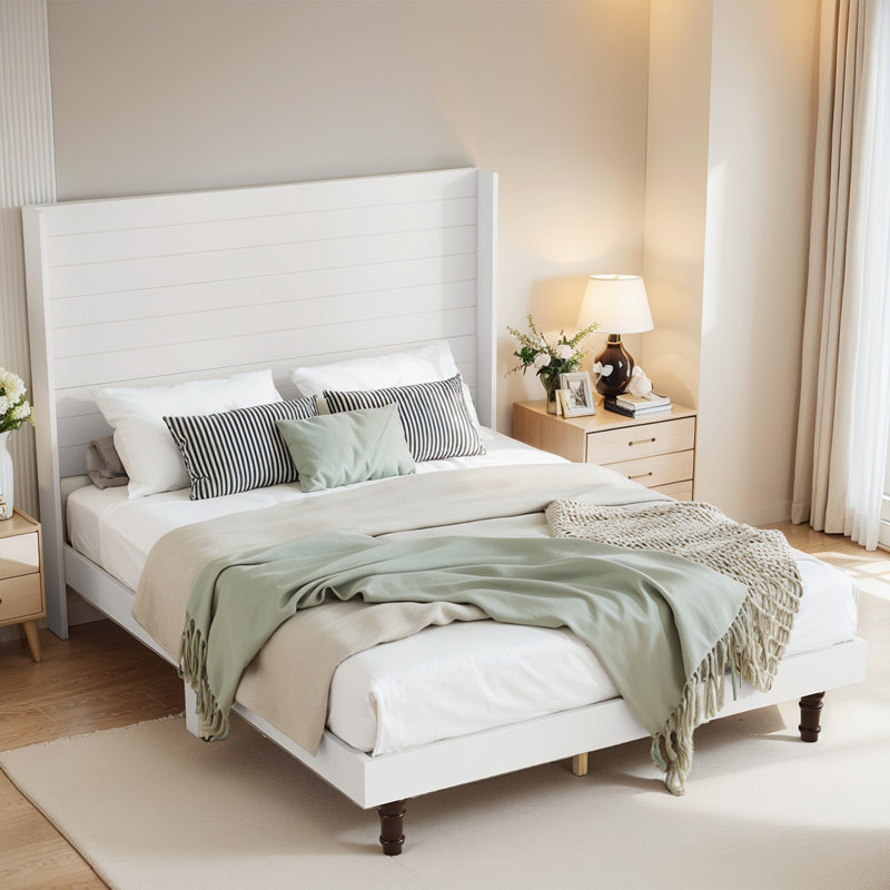 Stylish Platform Bed With High Wingback Headboard, White, Queen