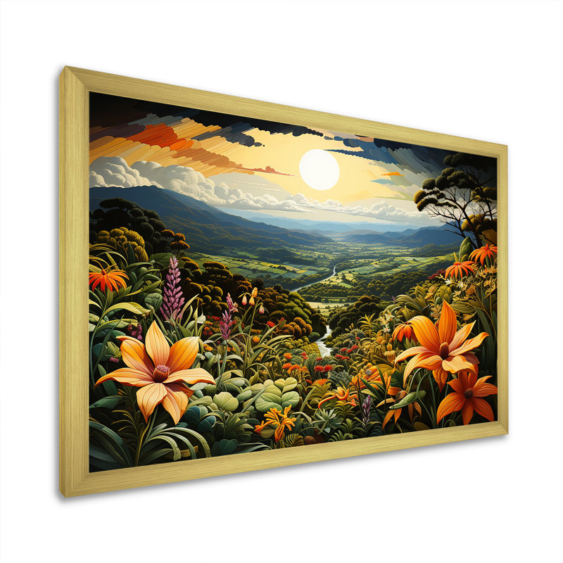 «Lush Rainforest Flowers Fields On», reproduction sur toile, Cadre doré simple, H 30 po x l 40 po x P 1,5 po
